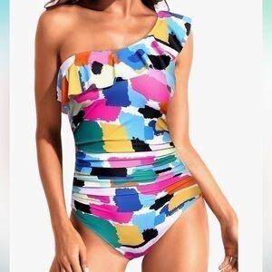 Tempt Me One Piece Ruffle Swimsuit Tummy Control One Shoulder Bathing Suit M NWT
